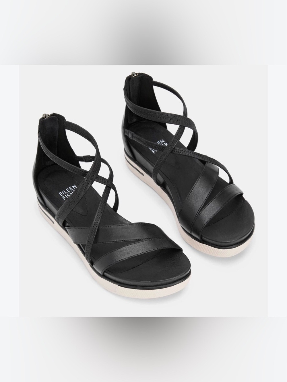Eileen Fisher Skip Washed Leather Sneaker Sandal Black Sandal White Wedge Sz 10